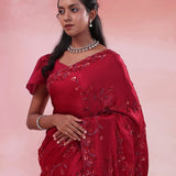 Claret Red Satin Crepe Saree With Sequins Work