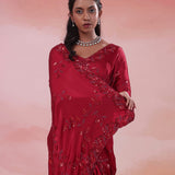 Claret Red Satin Crepe Saree With Sequins Work