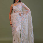 White Tissue Organza Embroidery Saree With Scallop Border