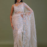White Tissue Organza Embroidery Saree With Scallop Border