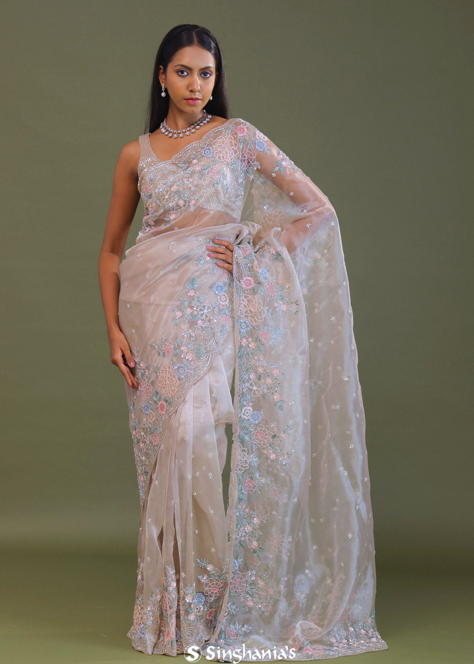 White Tissue Organza Embroidery Saree With Scallop Border