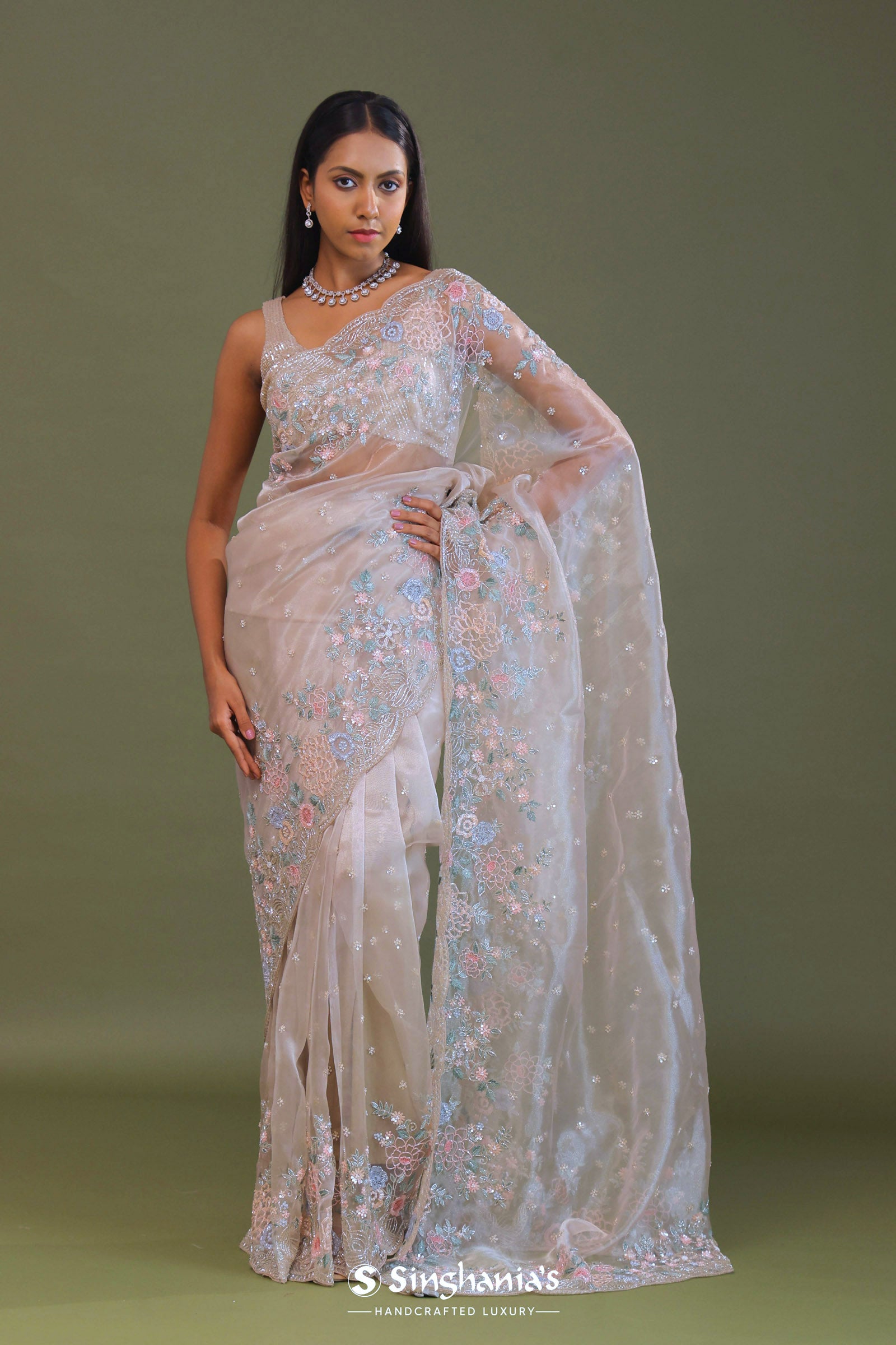 White Tissue Organza Embroidery Saree With Scallop Border
