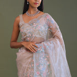 White Tissue Organza Embroidery Saree With Scallop Border