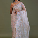 White Tissue Organza Embroidery Saree With Scallop Border