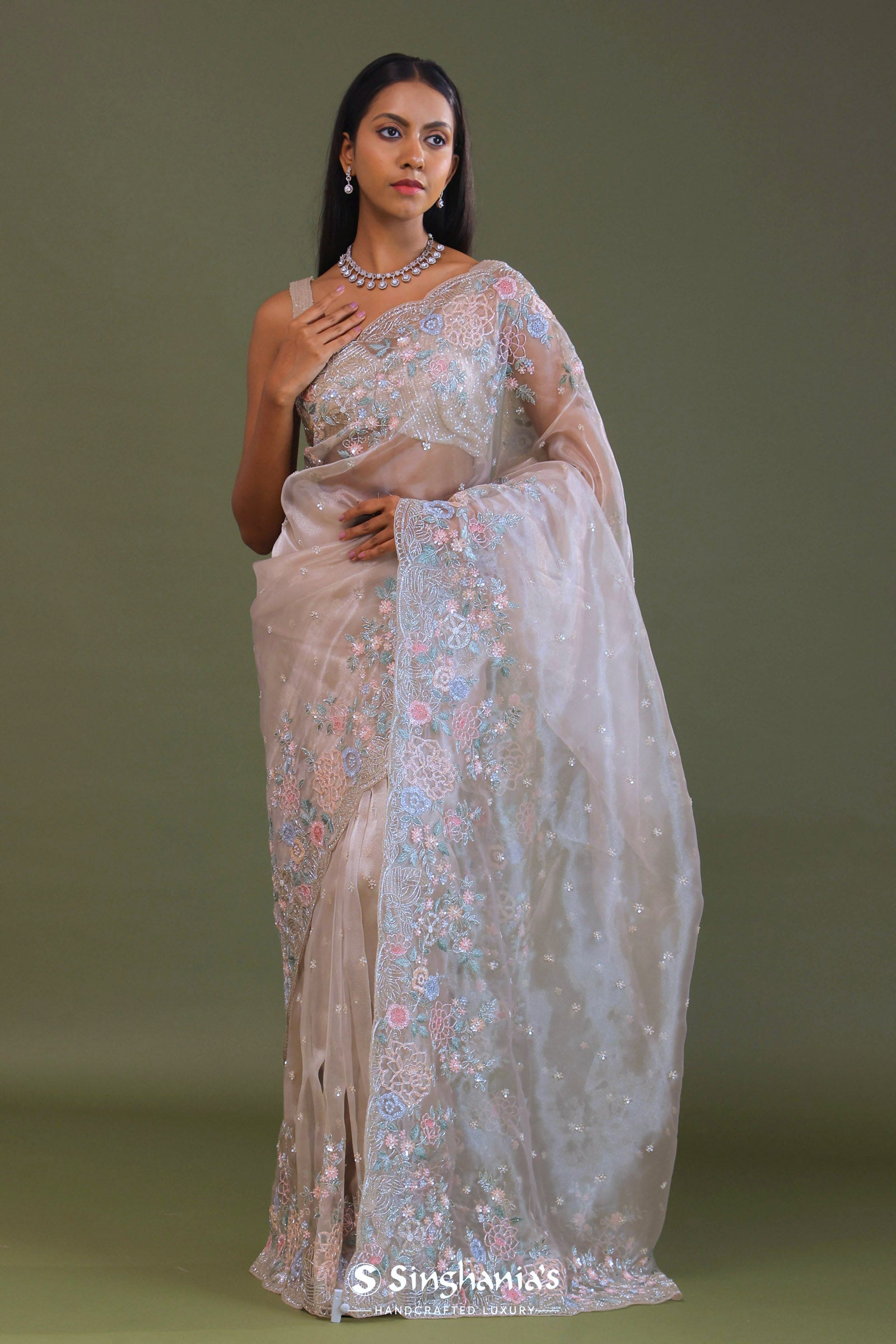 White Tissue Organza Embroidery Saree With Scallop Border