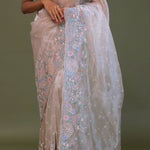 White Tissue Organza Embroidery Saree With Scallop Border
