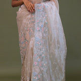 White Tissue Organza Embroidery Saree With Scallop Border