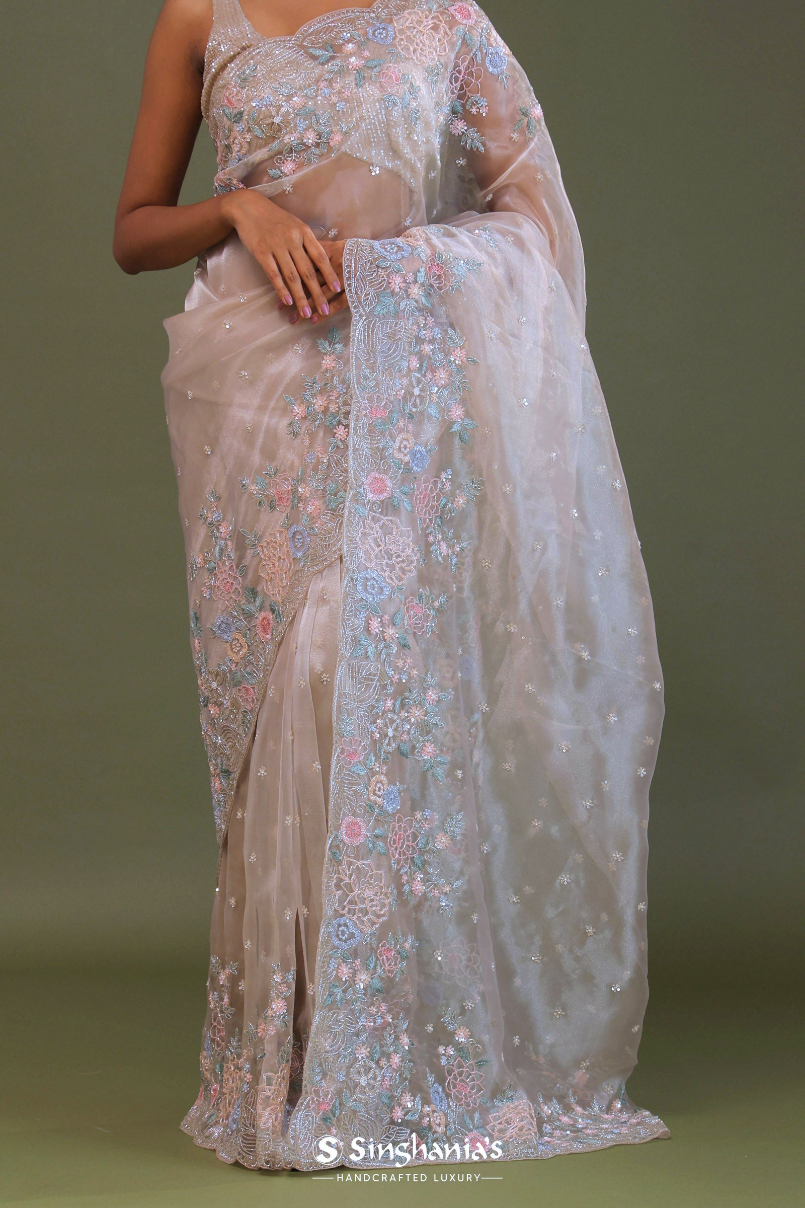 White Tissue Organza Embroidery Saree With Scallop Border