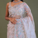 White Tissue Organza Embroidery Saree With Scallop Border