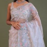 White Tissue Organza Embroidery Saree With Scallop Border