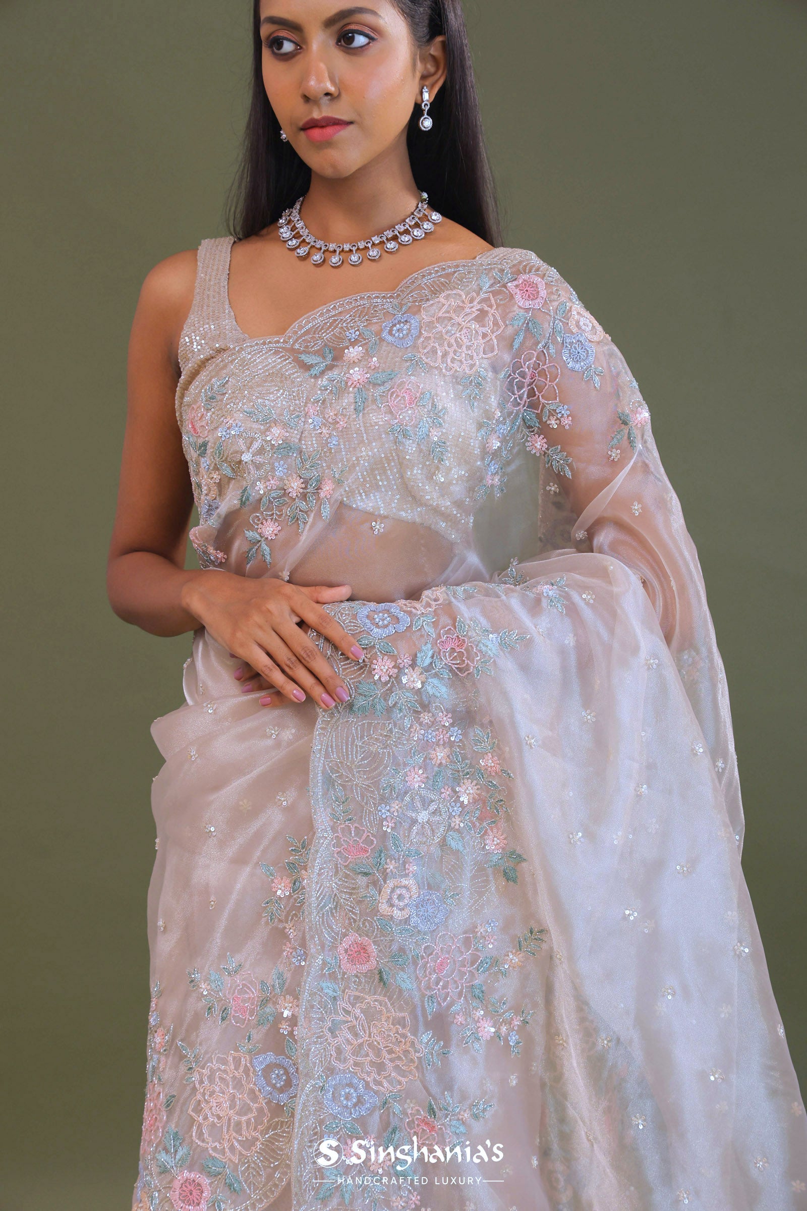 White Tissue Organza Embroidery Saree With Scallop Border