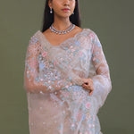 White Tissue Organza Embroidery Saree With Scallop Border