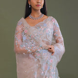 White Tissue Organza Embroidery Saree With Scallop Border