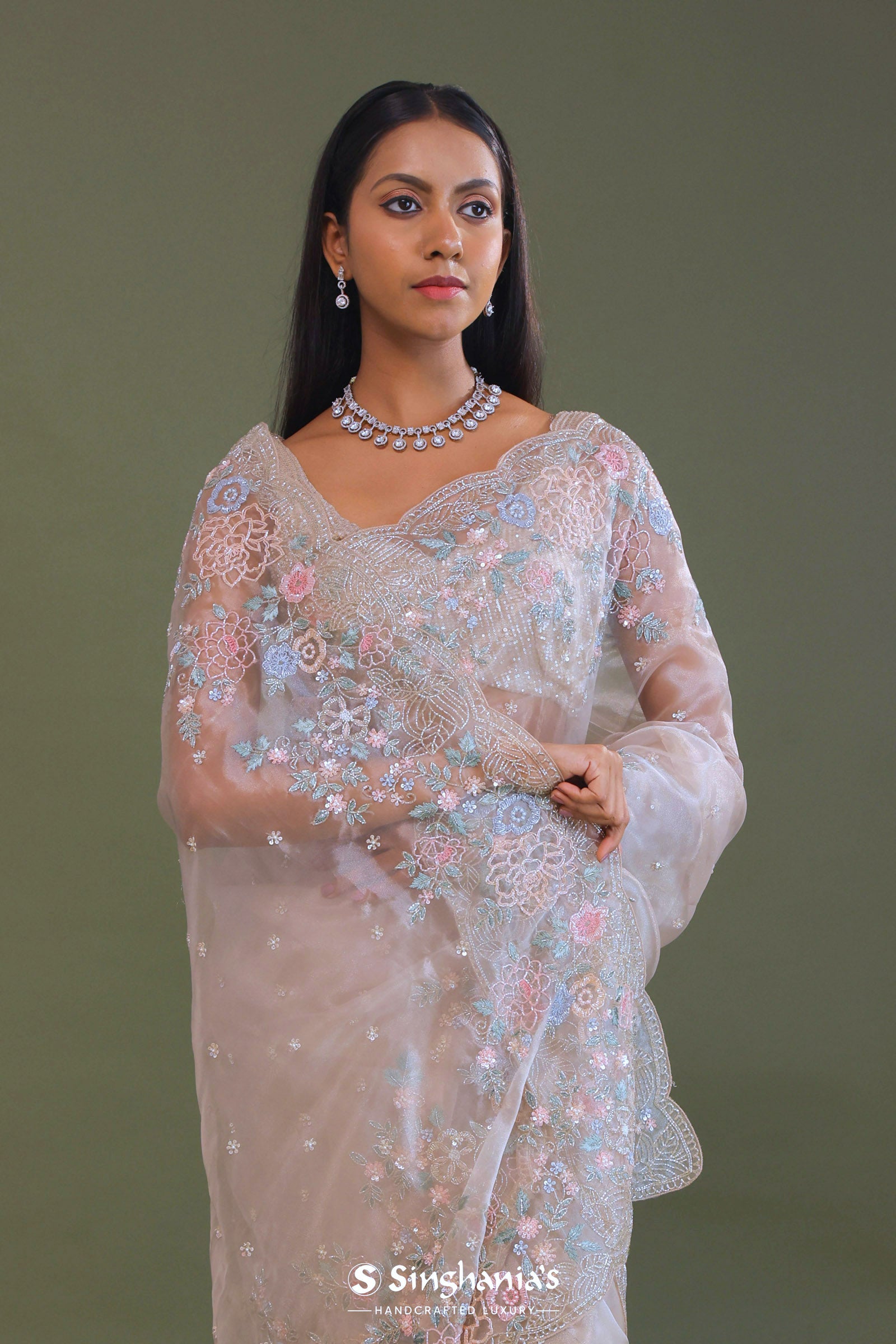 White Tissue Organza Embroidery Saree With Scallop Border