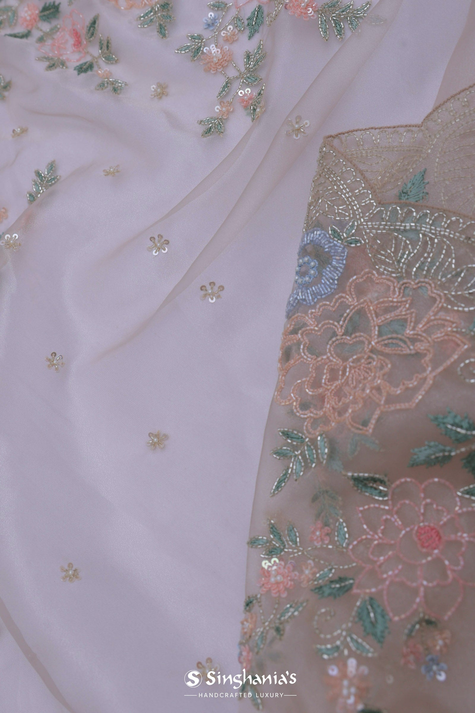 White Tissue Organza Embroidery Saree With Scallop Border