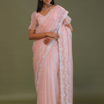 Soft Peach Crushed Organza Embroidery Saree Wth Scallop Border