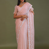 Soft Peach Crushed Organza Embroidery Saree Wth Scallop Border