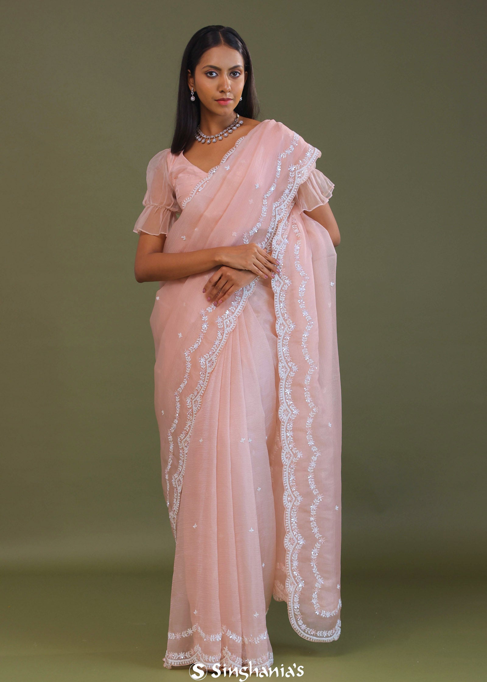 Soft Peach Crushed Organza Embroidery Saree Wth Scallop Border
