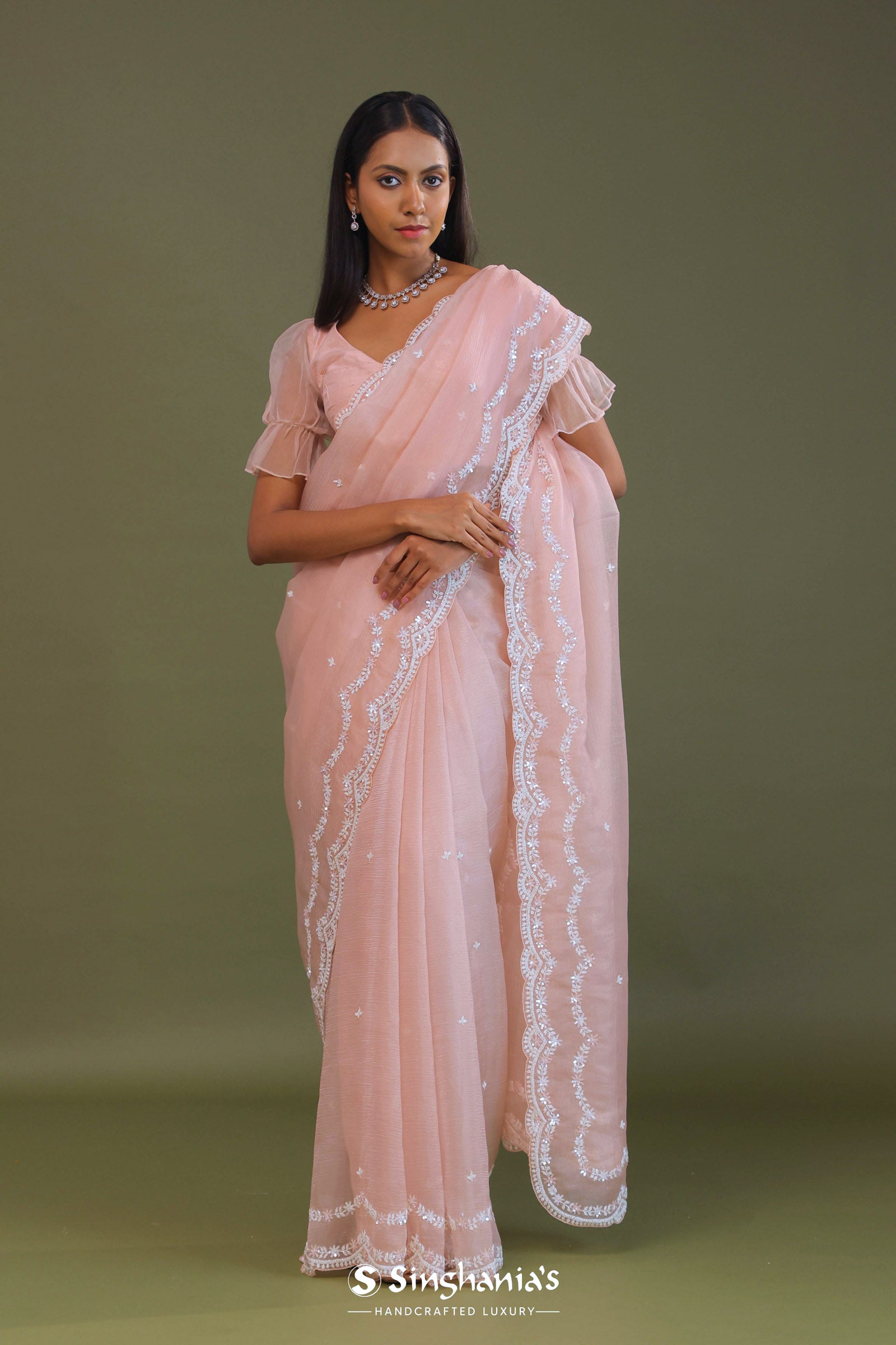 Soft Peach Crushed Organza Embroidery Saree Wth Scallop Border
