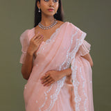 Soft Peach Crushed Organza Embroidery Saree Wth Scallop Border