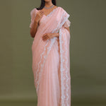Soft Peach Crushed Organza Embroidery Saree Wth Scallop Border