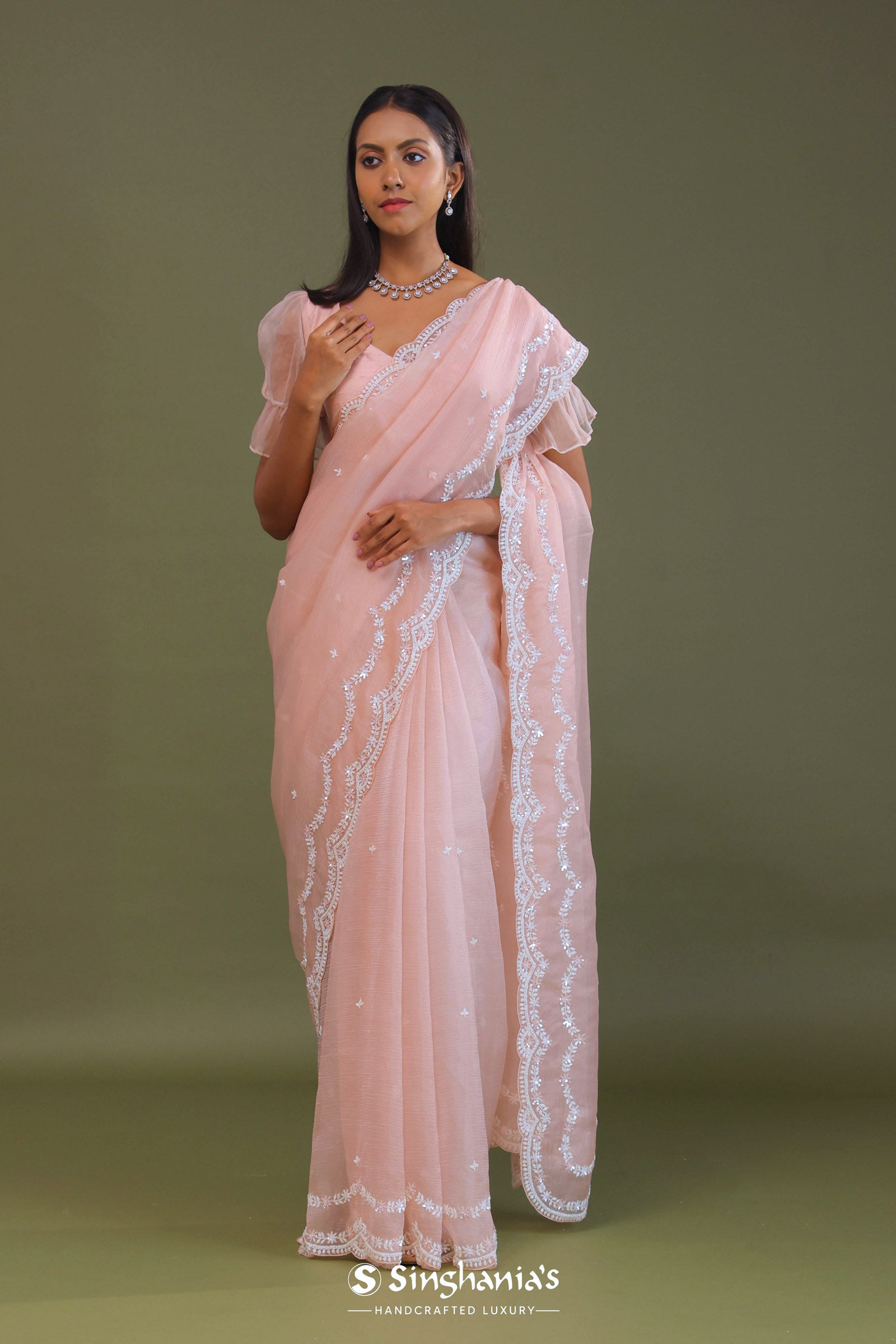 Soft Peach Crushed Organza Embroidery Saree Wth Scallop Border