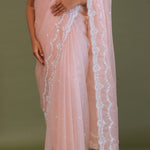 Soft Peach Crushed Organza Embroidery Saree Wth Scallop Border