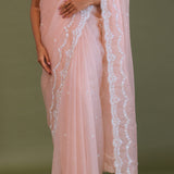 Soft Peach Crushed Organza Embroidery Saree Wth Scallop Border