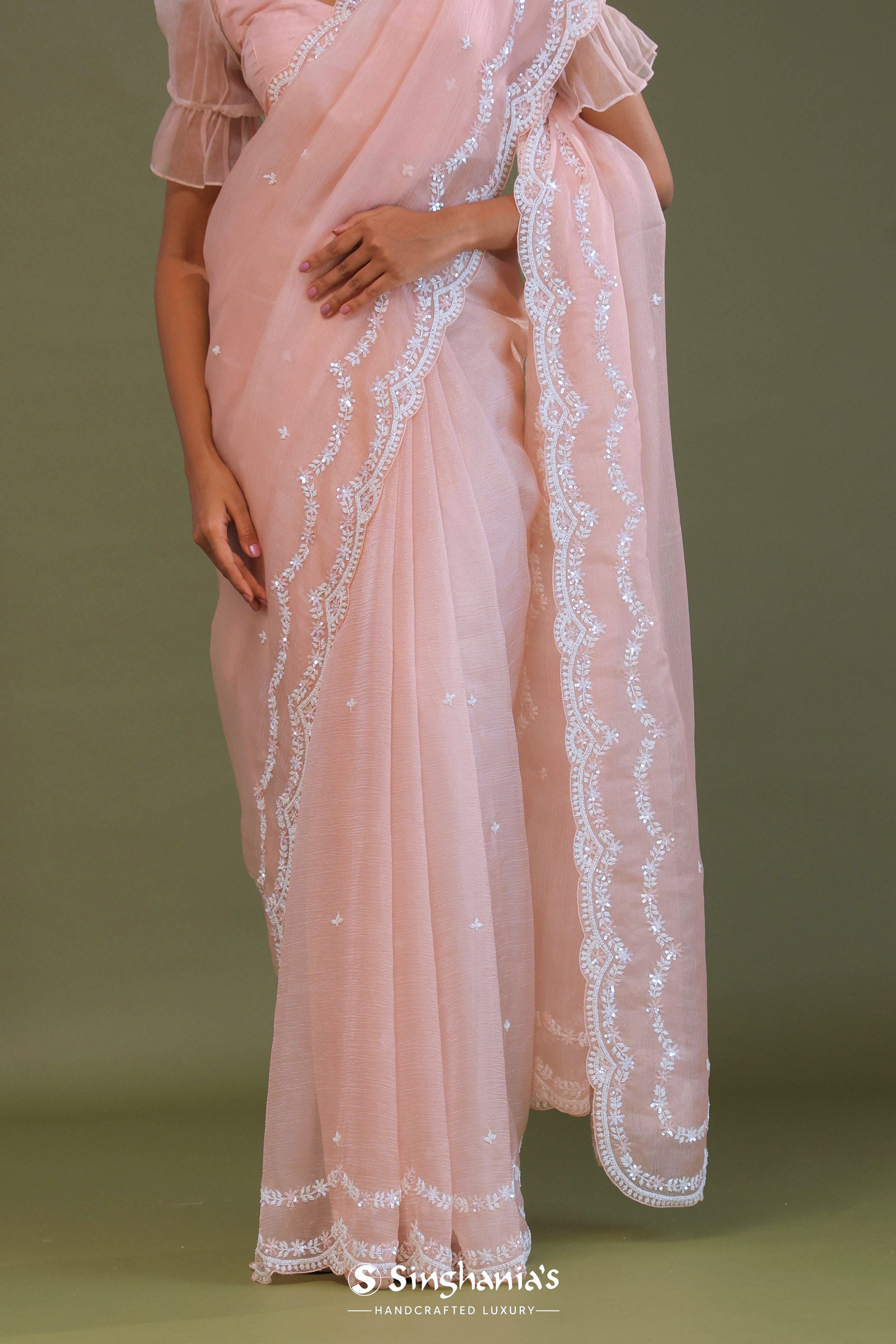 Soft Peach Crushed Organza Embroidery Saree Wth Scallop Border