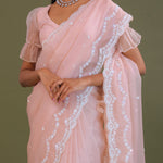 Soft Peach Crushed Organza Embroidery Saree Wth Scallop Border
