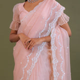 Soft Peach Crushed Organza Embroidery Saree Wth Scallop Border