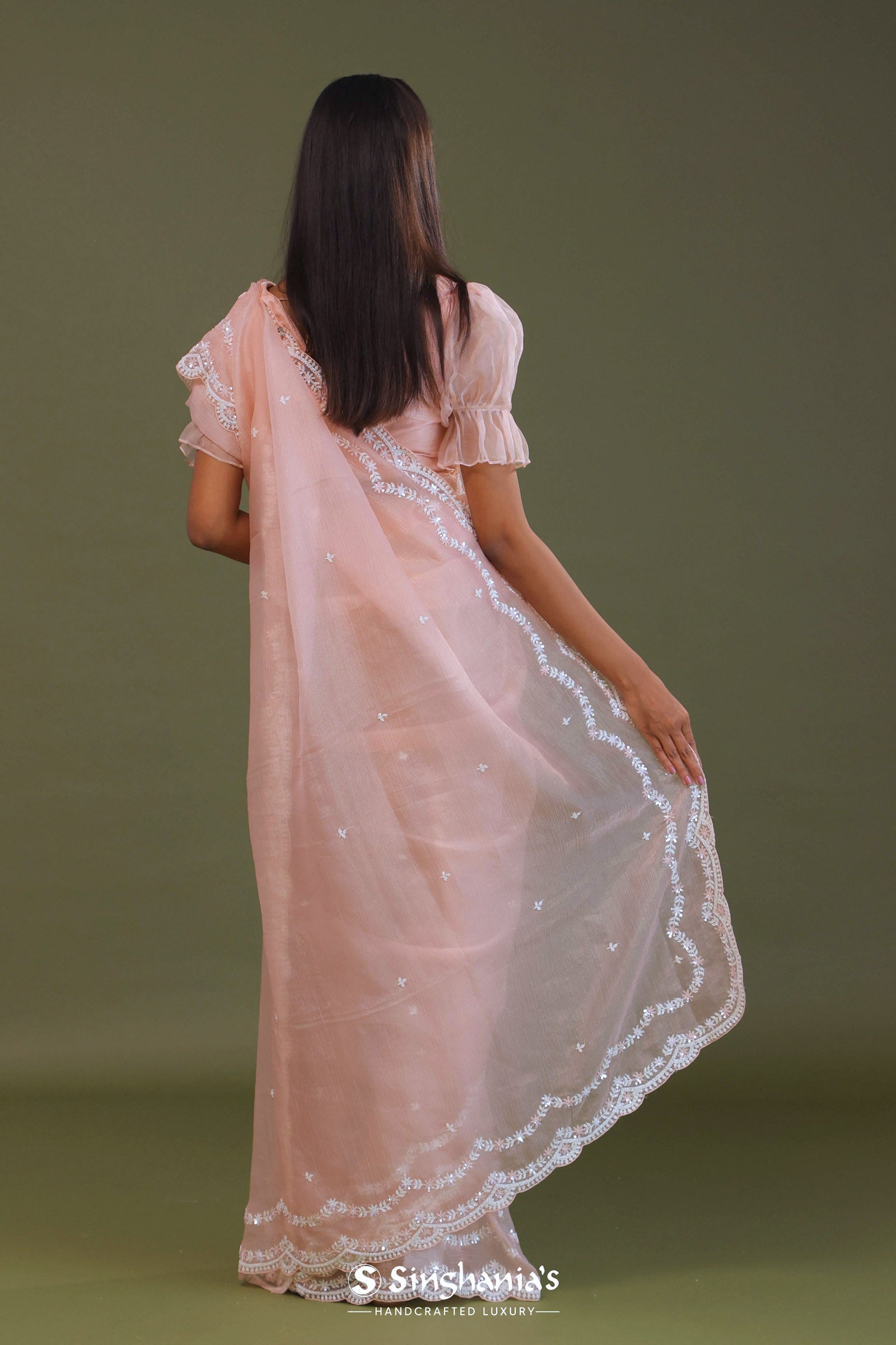 Soft Peach Crushed Organza Embroidery Saree Wth Scallop Border