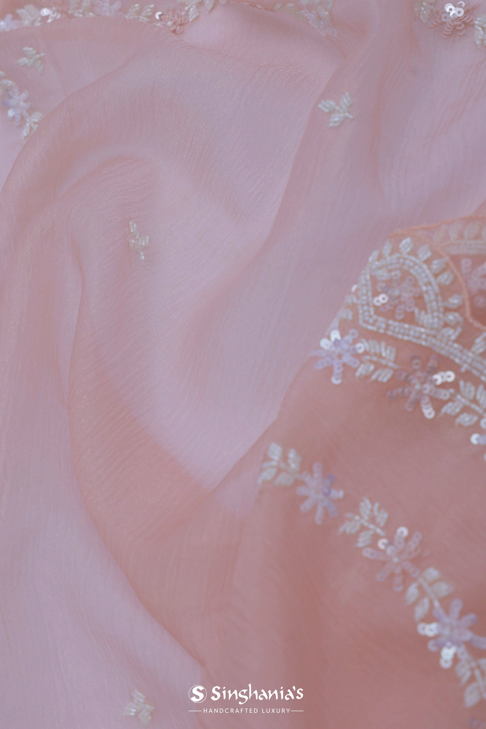 Soft Peach Crushed Organza Embroidery Saree Wth Scallop Border
