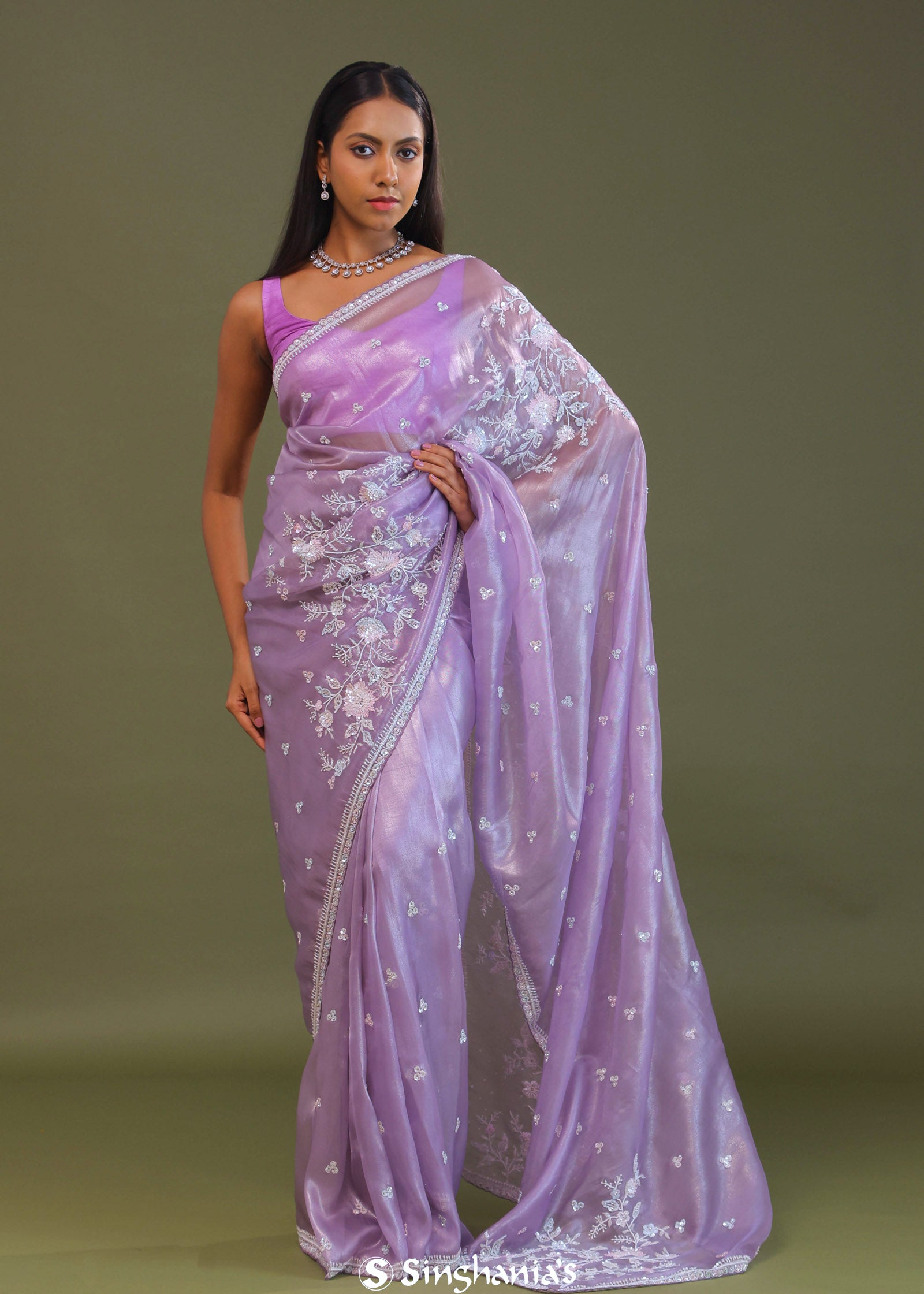 Lilac Tissue Organza Embroidery Saree