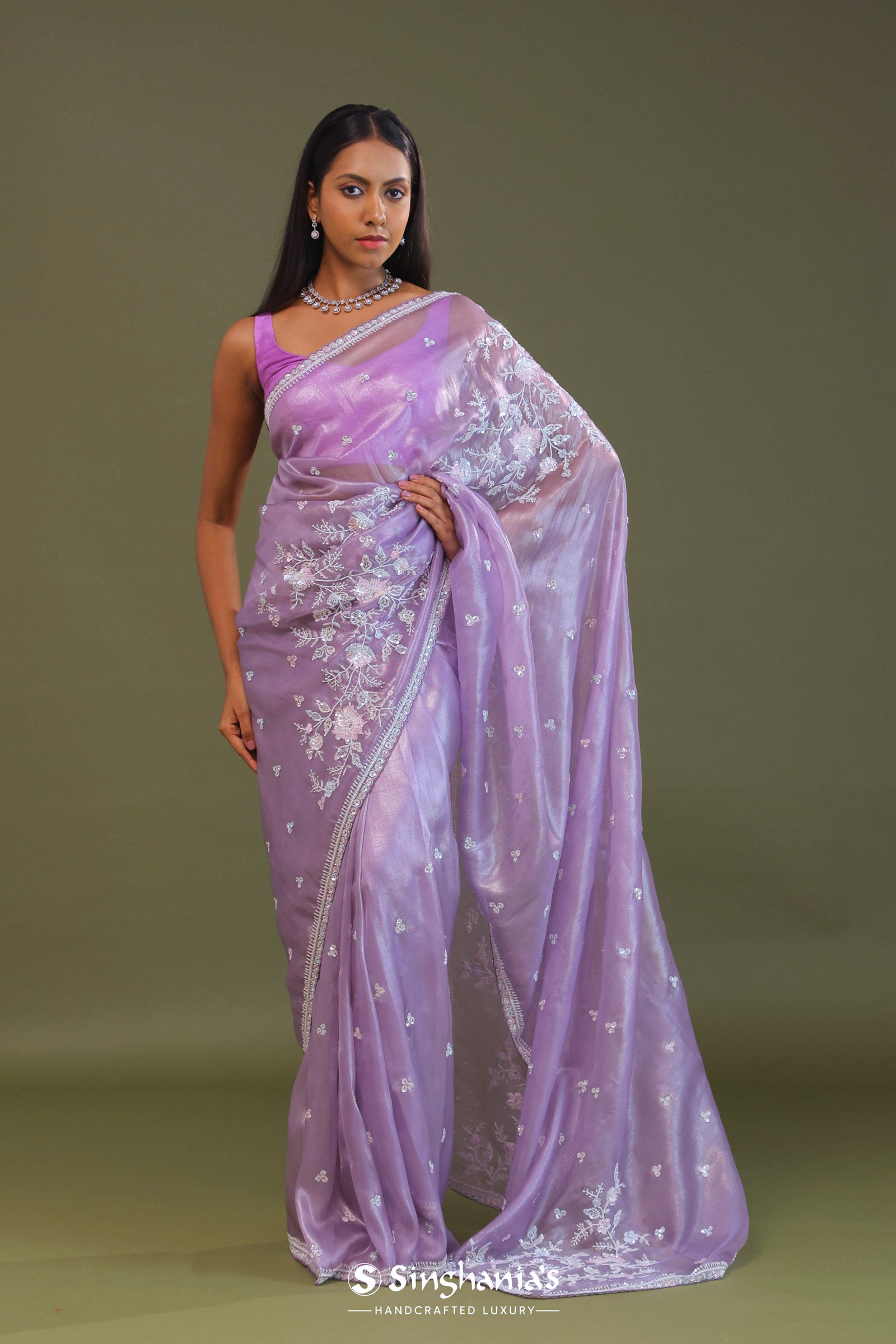 Lilac Tissue Organza Embroidery Saree