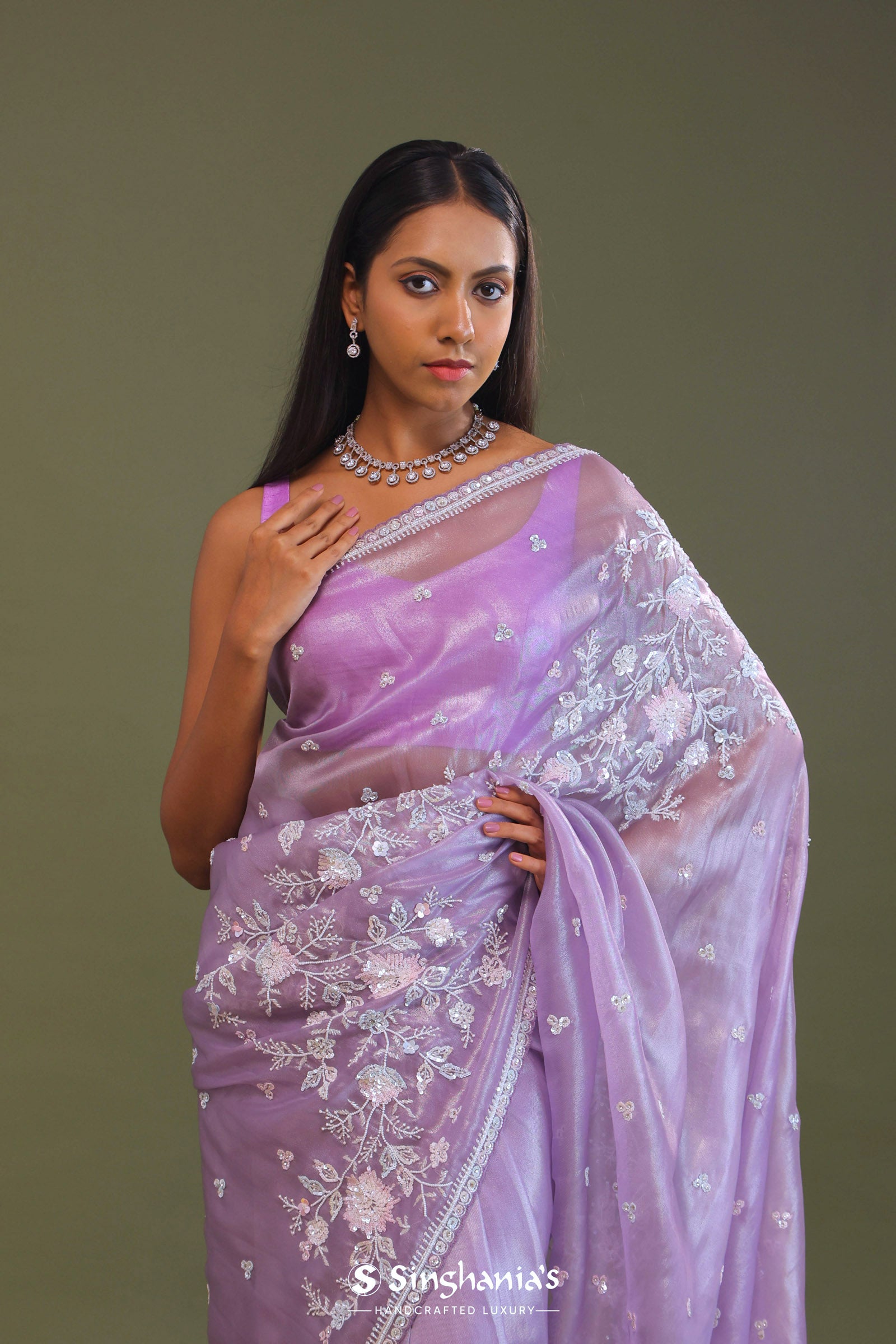 Lilac Tissue Organza Embroidery Saree