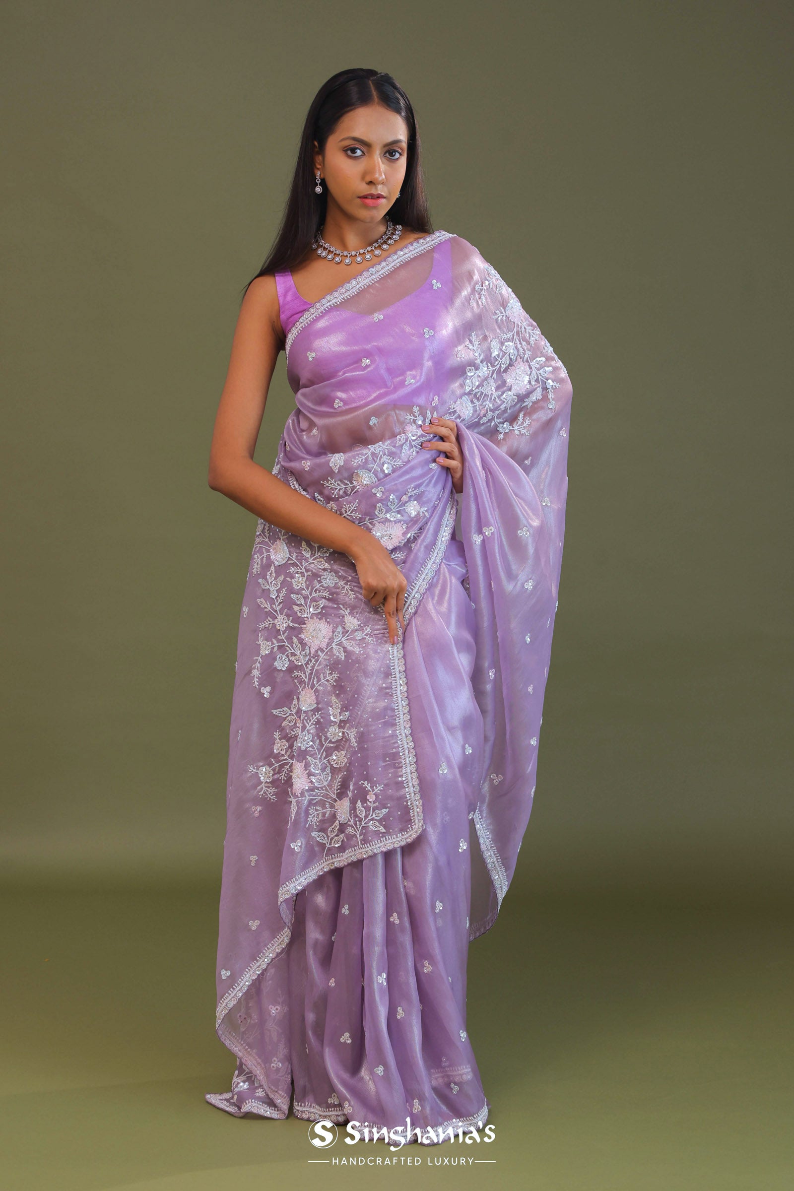 Lilac Tissue Organza Embroidery Saree