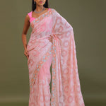 Pink Georgette Embroidery Saree With Scallop Border