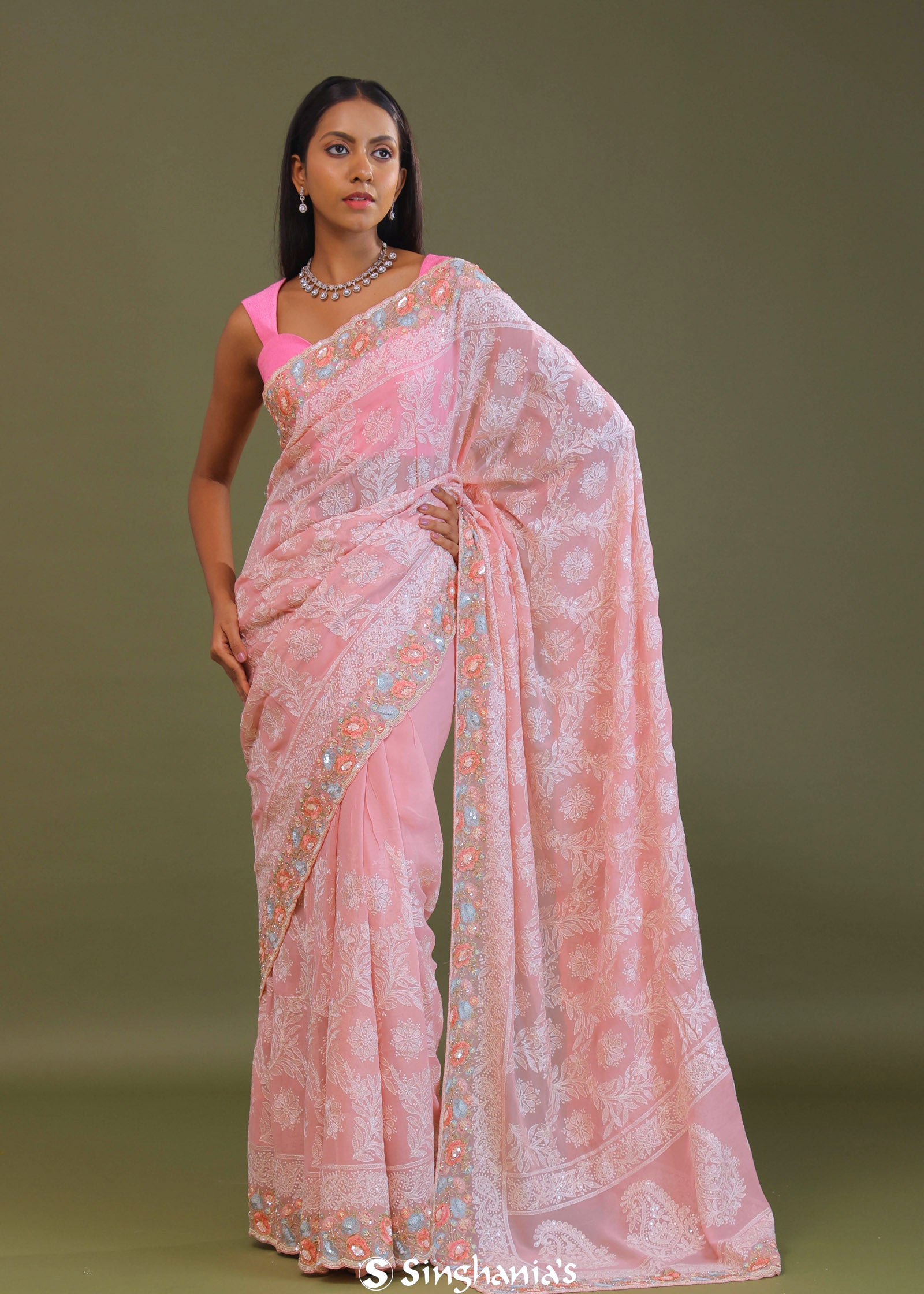 Pink Georgette Embroidery Saree With Scallop Border