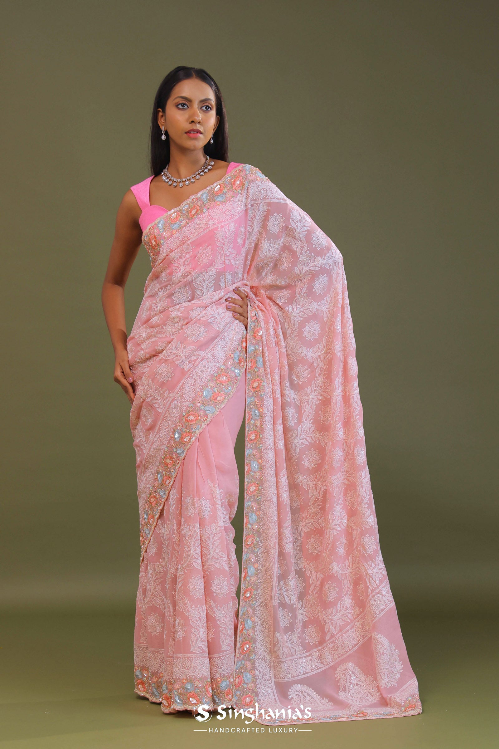 Pink Georgette Embroidery Saree With Scallop Border