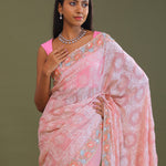 Pink Georgette Embroidery Saree With Scallop Border