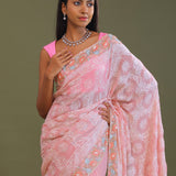 Pink Georgette Embroidery Saree With Scallop Border