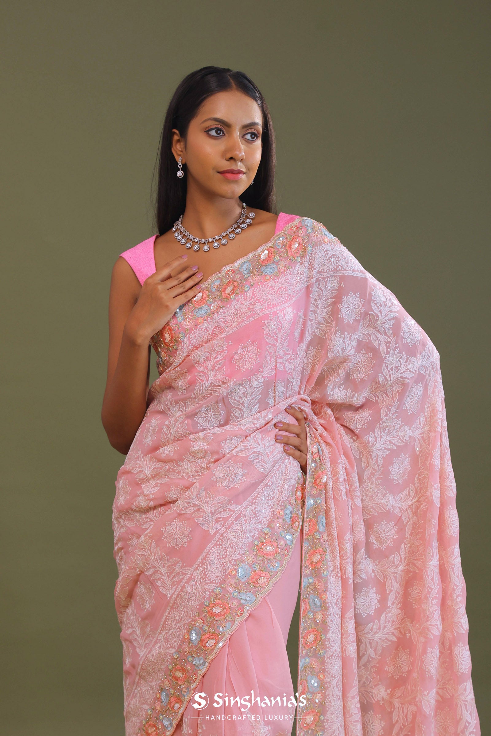 Pink Georgette Embroidery Saree With Scallop Border