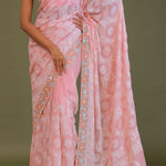 Pink Georgette Embroidery Saree With Scallop Border