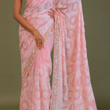 Pink Georgette Embroidery Saree With Scallop Border
