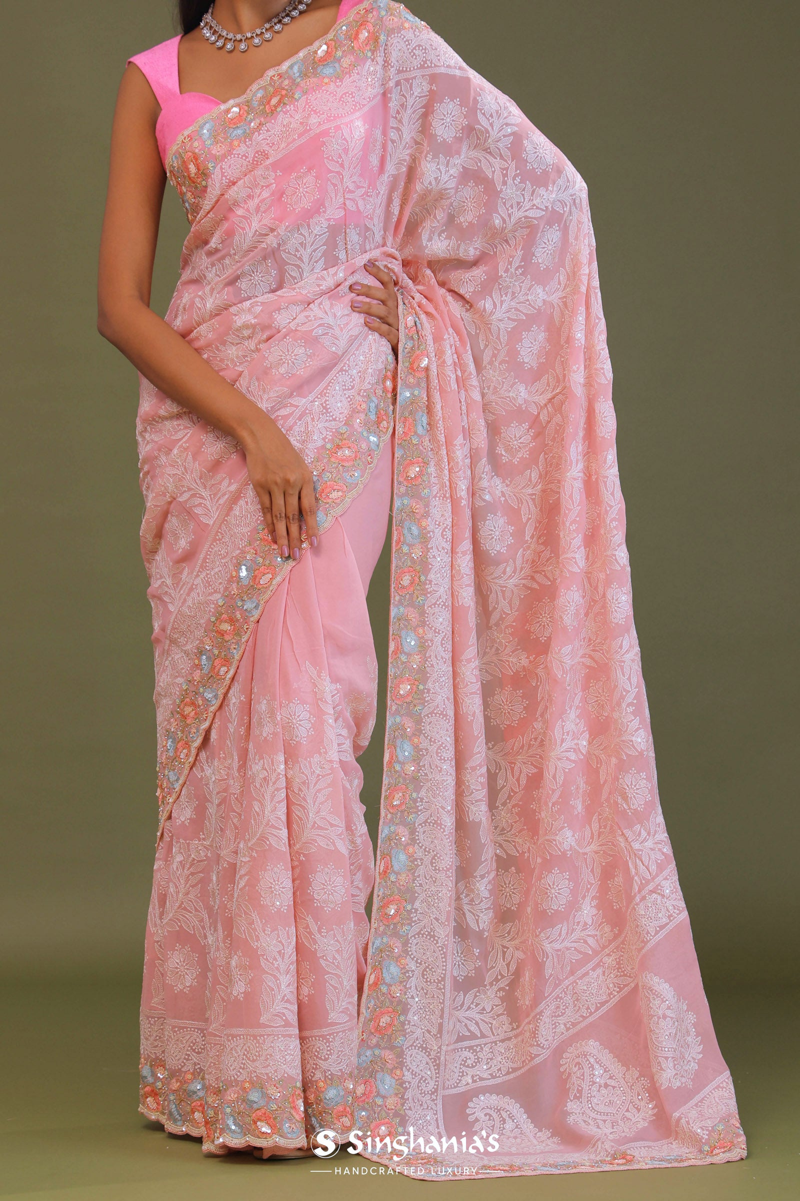 Pink Georgette Embroidery Saree With Scallop Border