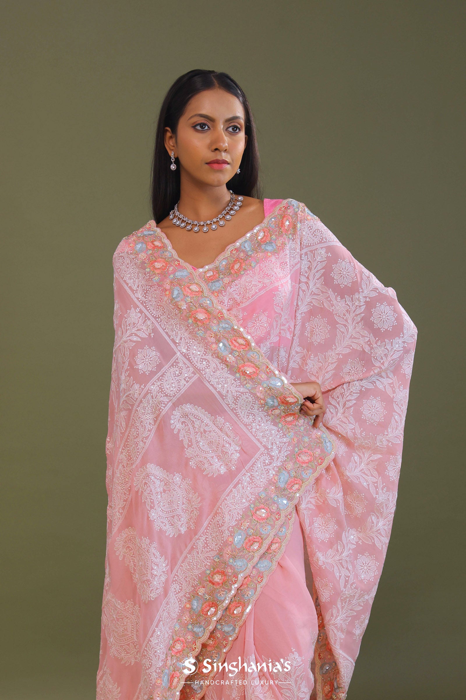 Pink Georgette Embroidery Saree With Scallop Border
