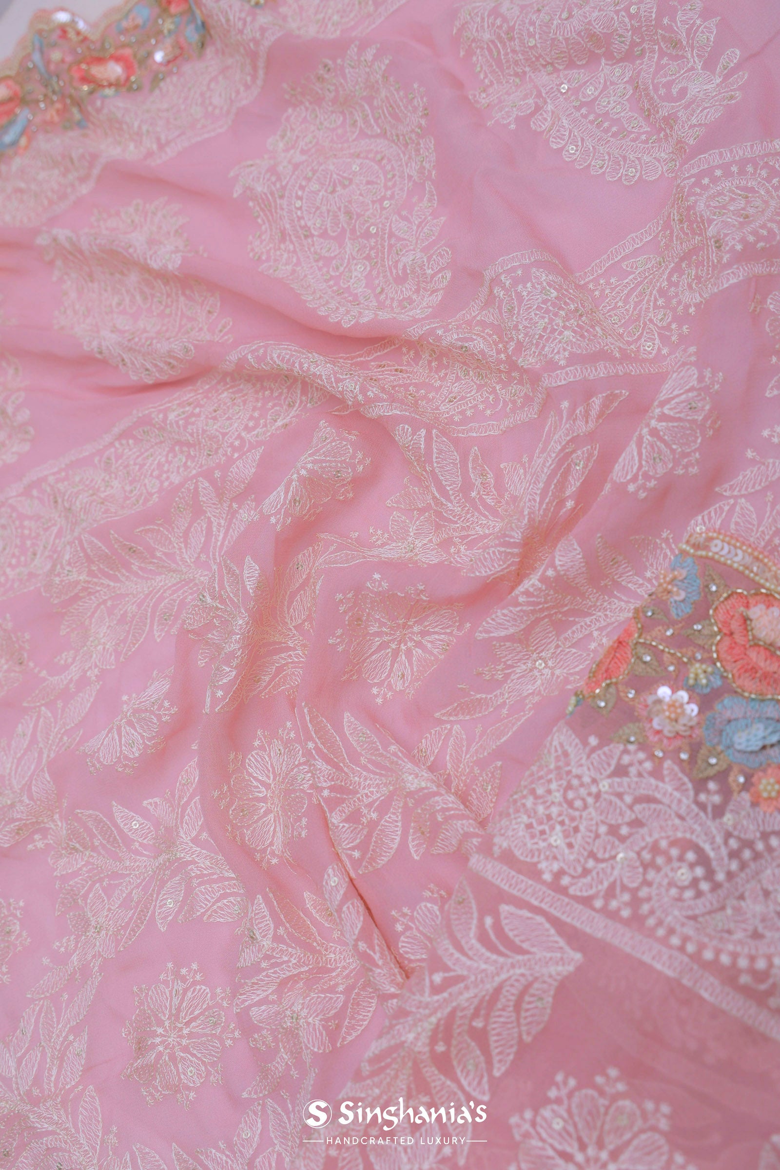 Pink Georgette Embroidery Saree With Scallop Border