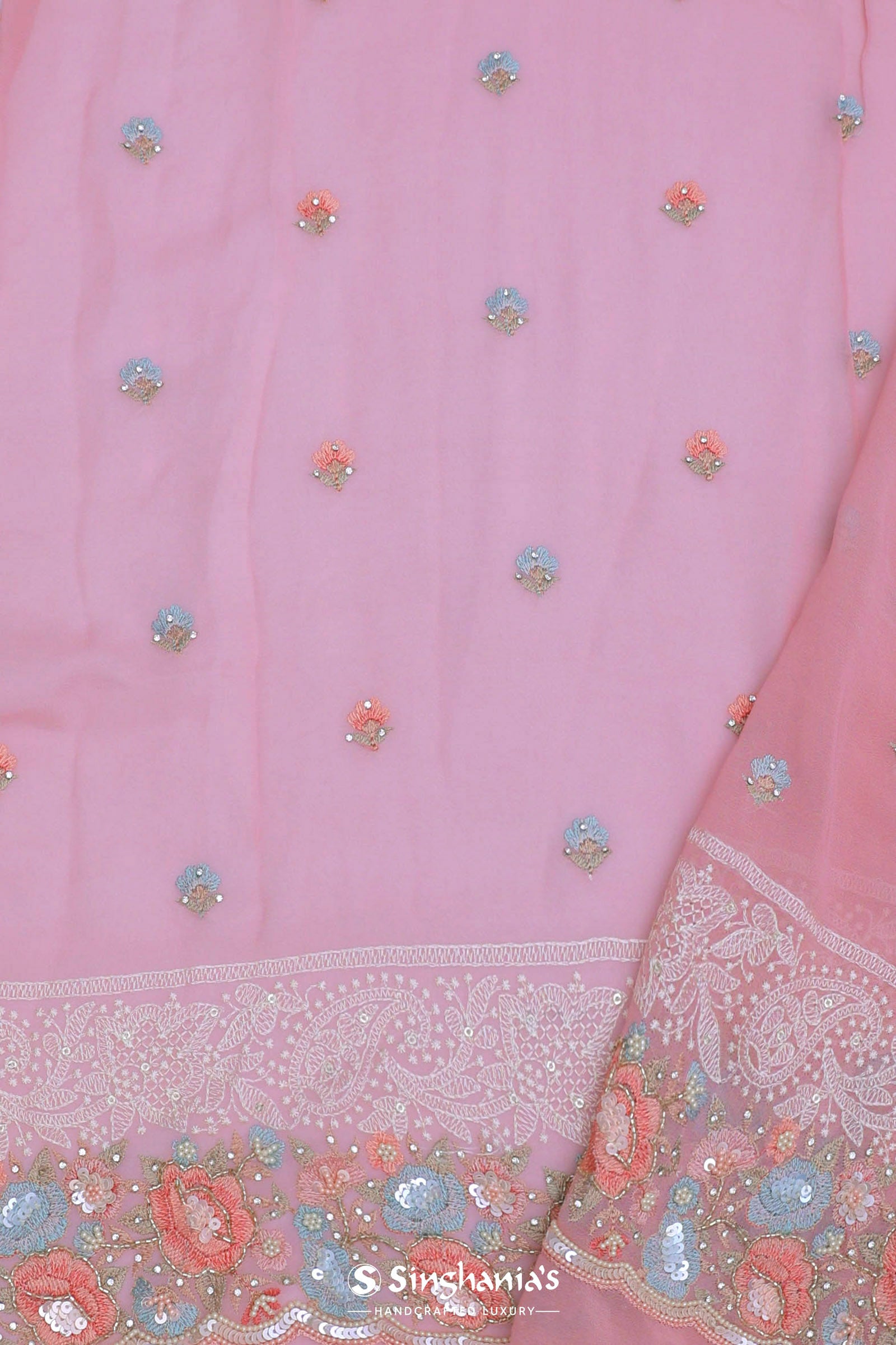 Pink Georgette Embroidery Saree With Scallop Border