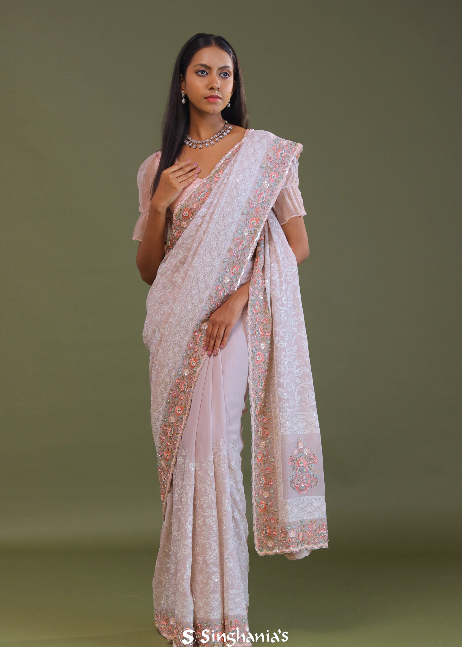 Soft Pink Georgette Embroidery Saree With Scallop Border